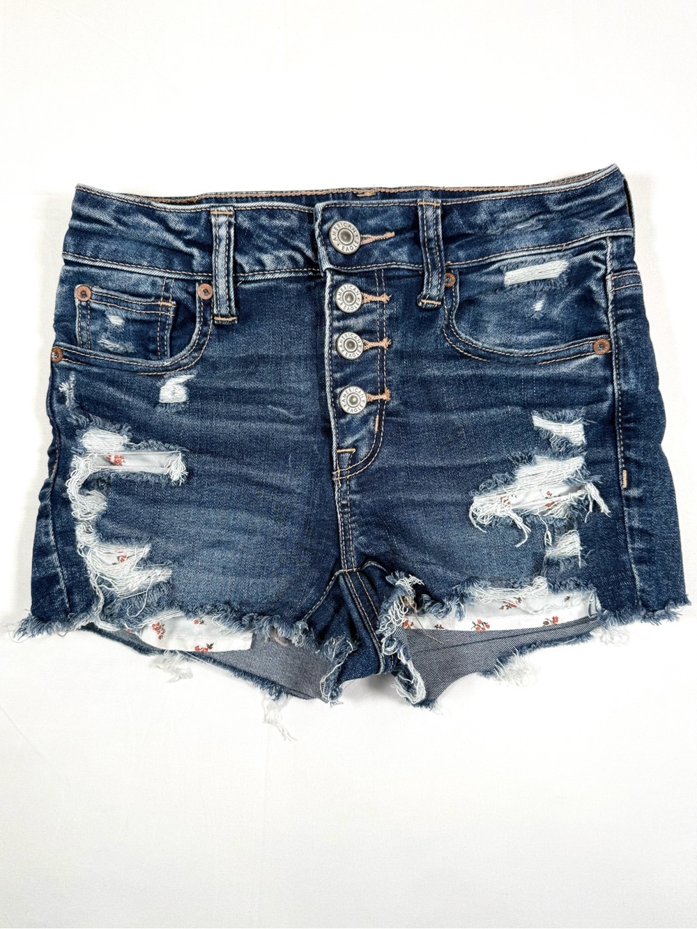 AMERICAN EAGLE Womens Hi Rise Shortie Denim Shorts 2 Distressed Floral Y2K